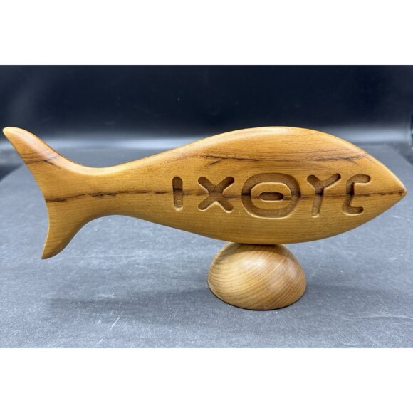 Oregon Myrtle Wood Christian Fish Greek IXOYE Sculpture Table Shelf Decor VTG - Picture 1 of 5